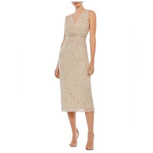 NWT Mac Duggal Women’s Sequined Sleeveless V- Neck Midi Sequined Sheath Dress